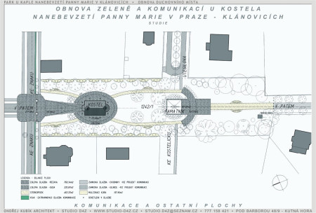 PARK U KAPLE v Klánovicích | Návrh akcentující dvě samostatná ohniska prostoru (kaple a památník).